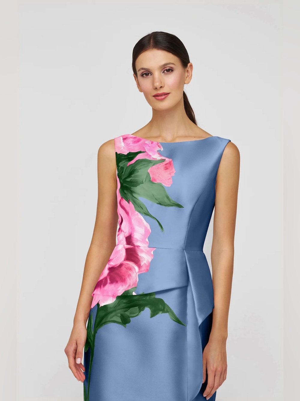 new Kay Unger Luciana floral mikado column maxi gown - pearl blue multi flowers - Picture 2 of 10